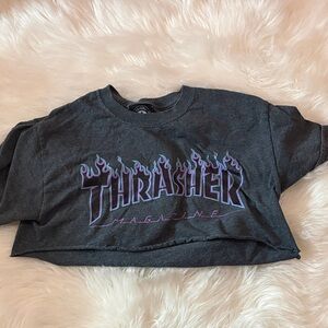 Thrasher Gray Crop Top with Purple Flame Logo
